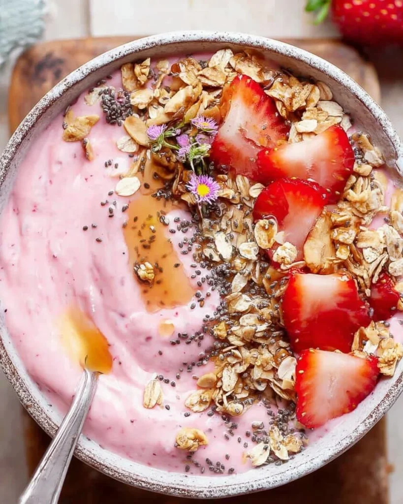 Delicious strawberry smoothie bowl topped with fresh strawberries and granola