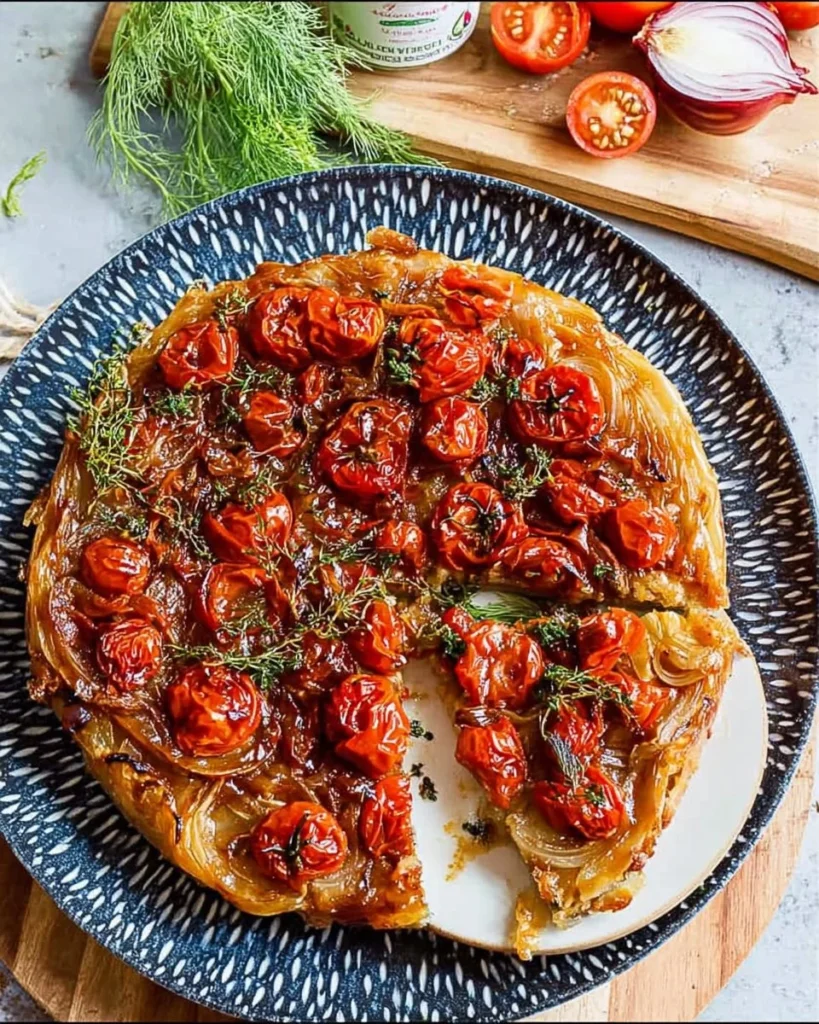 Sweet Tomato and Fennel Tarte Tatin served on a rustic plate