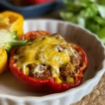 Delicious taco stuffed peppers filled with seasoned beef and colorful toppings