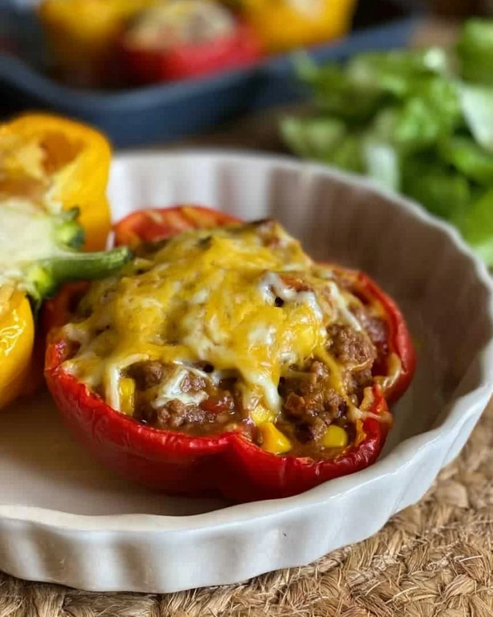 Delicious taco stuffed peppers filled with seasoned beef and colorful toppings