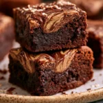 Delicious tahini brownies topped with chocolate drizzle on a white plate