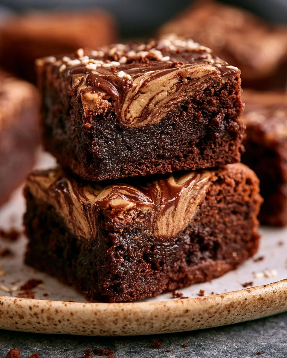 Delicious tahini brownies topped with chocolate drizzle on a white plate
