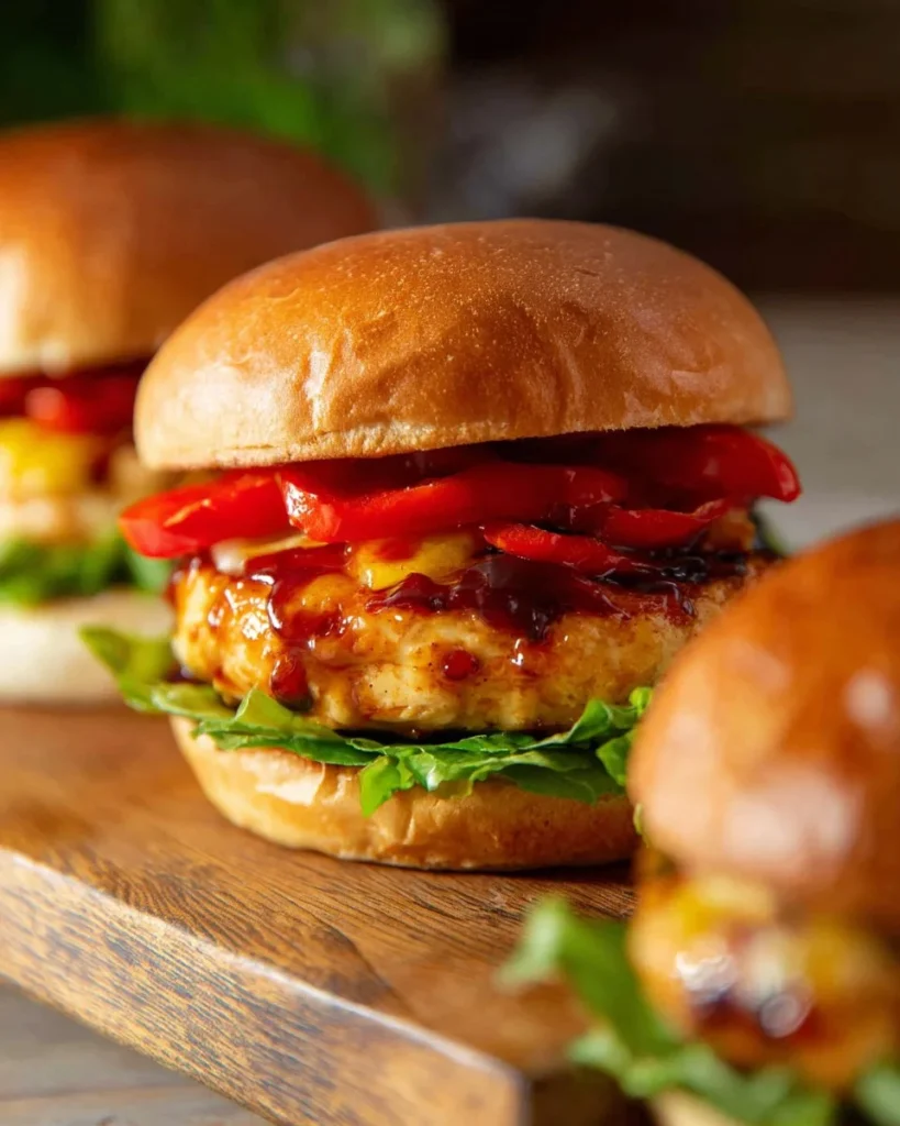 Delicious Teriyaki Chicken Burger topped with fresh vegetables and teriyaki sauce.