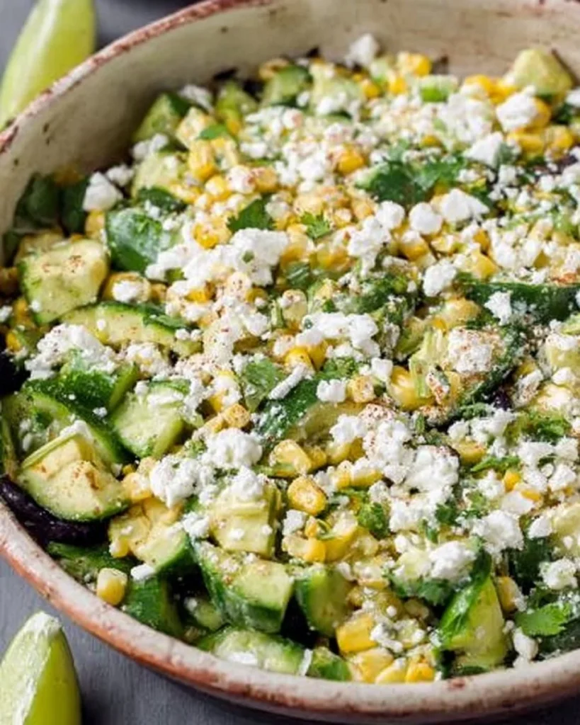 Delicious TexMex Cucumber and Corn Salad with fresh vegetables and herbs