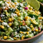 TexMex cucumber and corn salad with fresh ingredients in a bowl