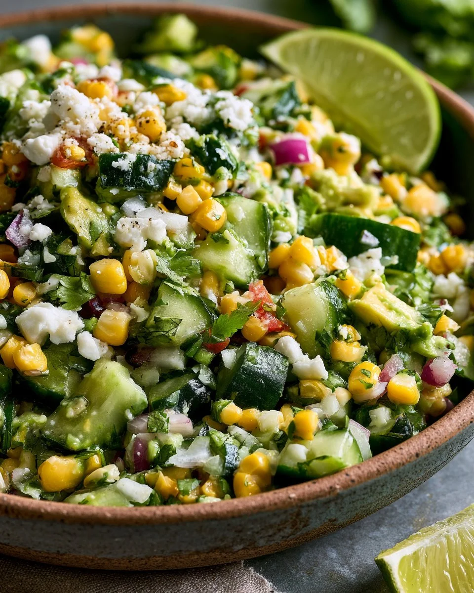 TexMex cucumber and corn salad with fresh ingredients in a bowl