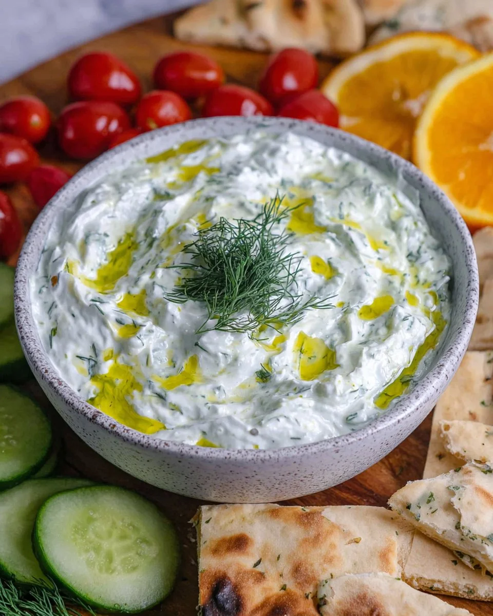 A bowl of homemade tzatziki with cucumber and herbs on a wooden table.