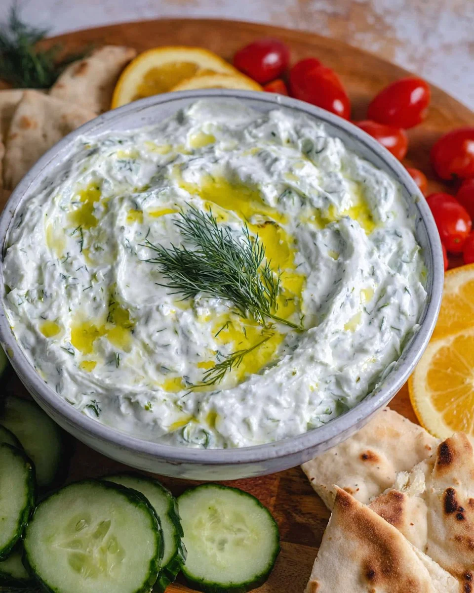 Delicious homemade tzatziki dip with yogurt and cucumber ingredients