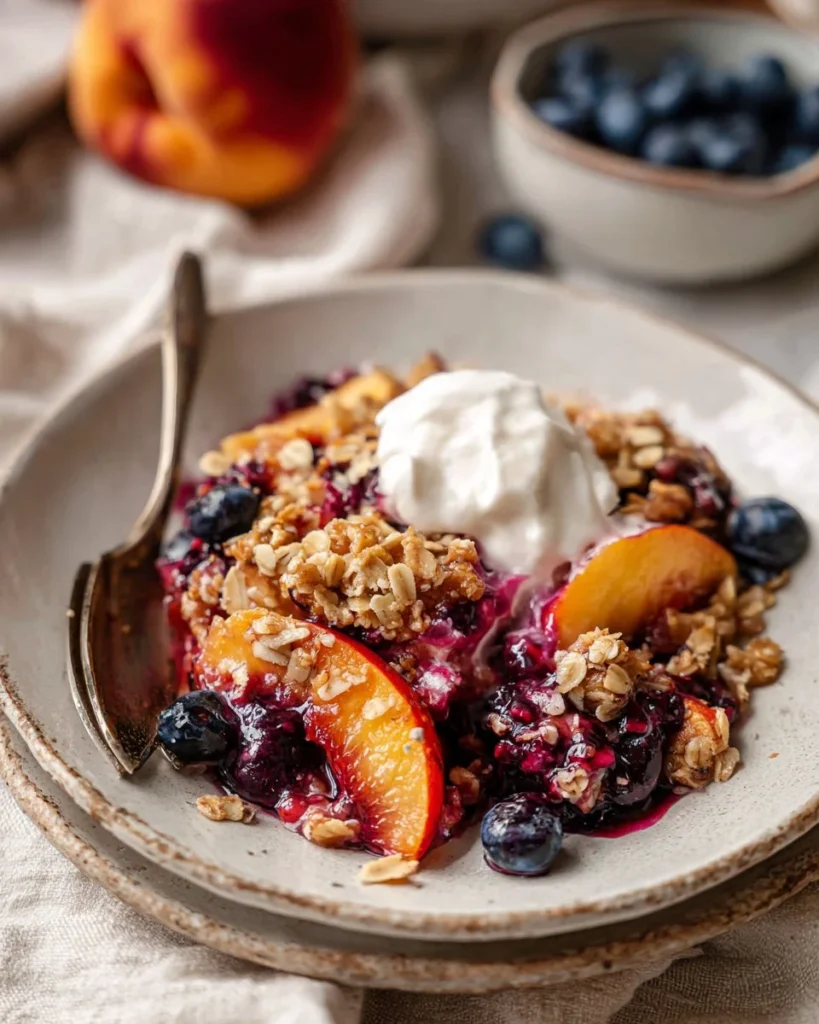 Vegan Blueberry Peach Crisp with Oats served in a baking dish