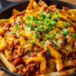 Delicious Vegan Chili Cheese Fries topped with chili and vegan cheese