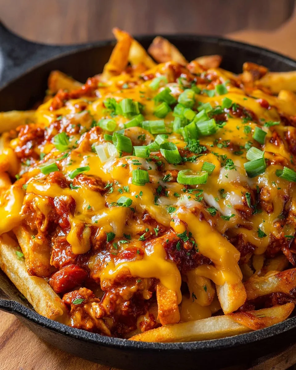 Delicious Vegan Chili Cheese Fries topped with chili and vegan cheese