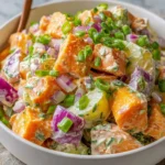Vegan Jamaican Potato Salad in a bowl with colorful vegetables