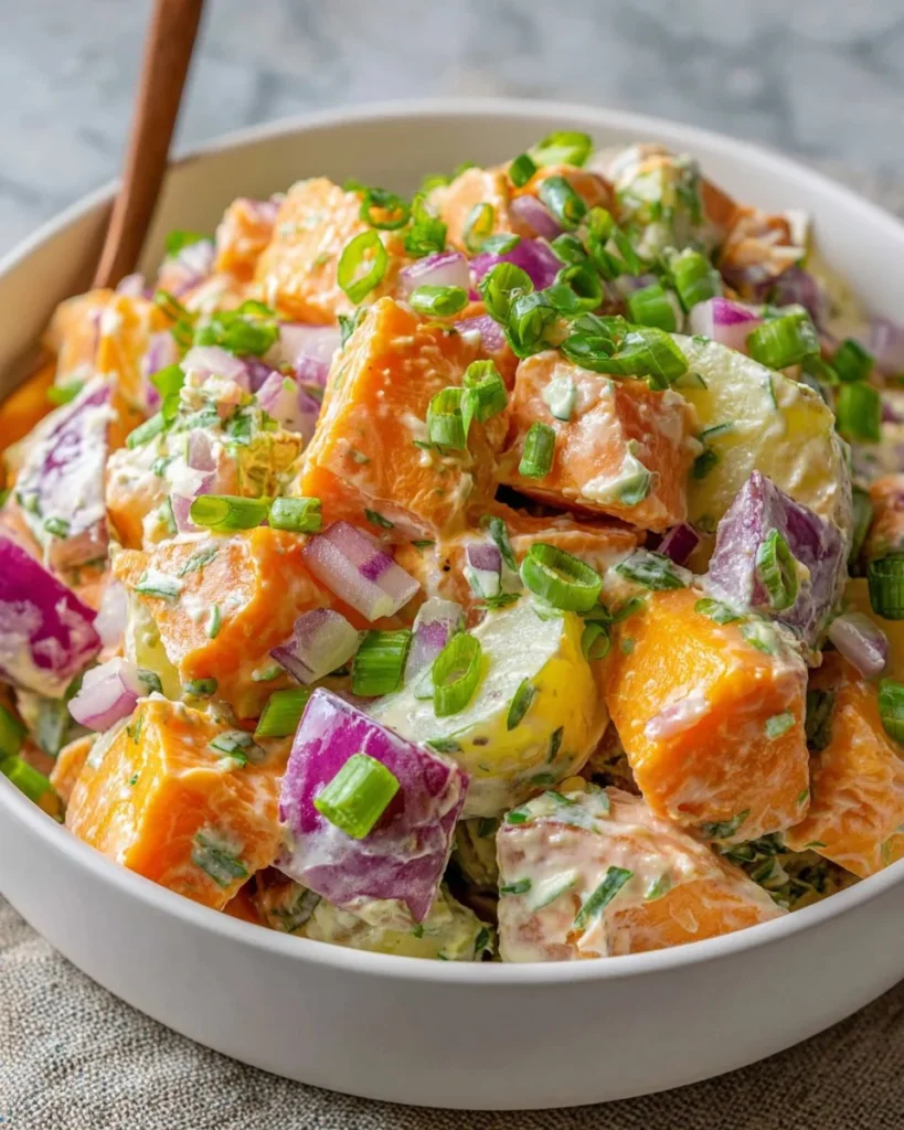 Vegan Jamaican Potato Salad in a bowl with colorful vegetables