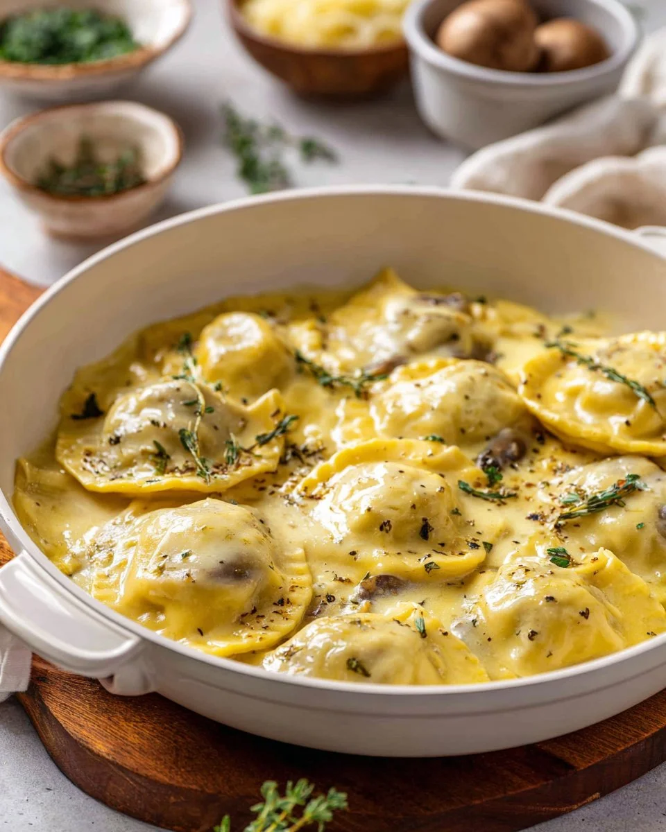 Delicious Vegan Mushroom Ravioli served with fresh herbs