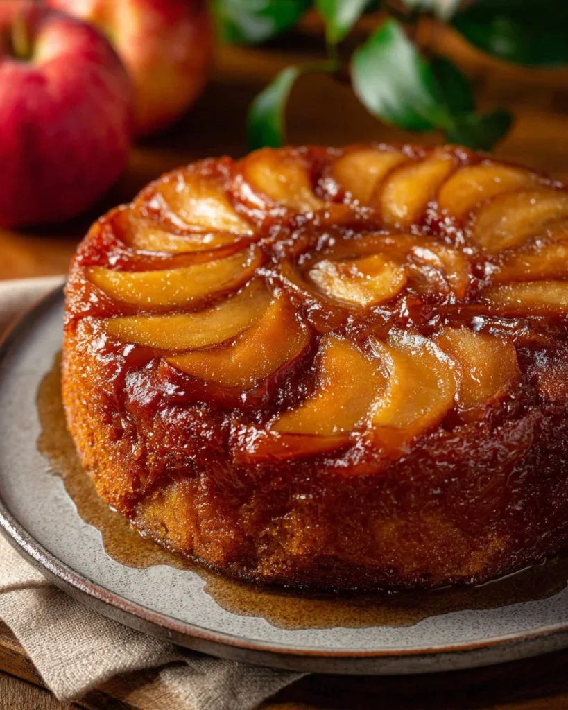 Vegan upside down apple cake with caramelized apples on top, served on a plate