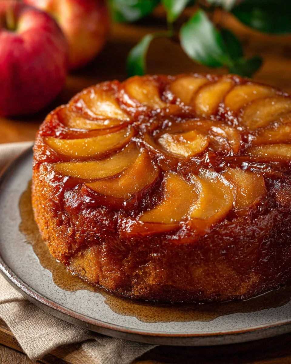 Vegan upside down apple cake with caramelized apples on top, served on a plate
