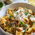 A bowl of creamy Vegetarian Stroganoff garnished with herbs and mushrooms.