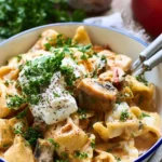 Delicious Vegetarian Stroganoff served with mushrooms and creamy sauce