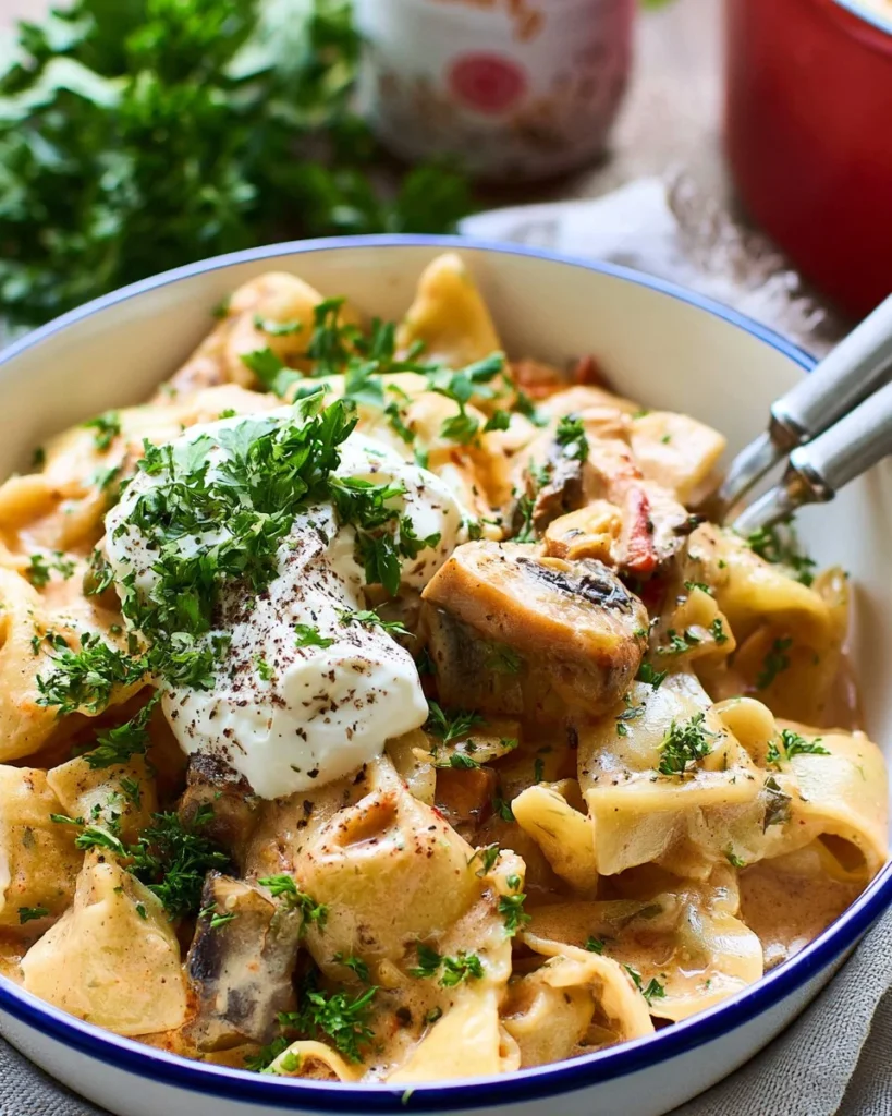 Delicious Vegetarian Stroganoff served with mushrooms and creamy sauce