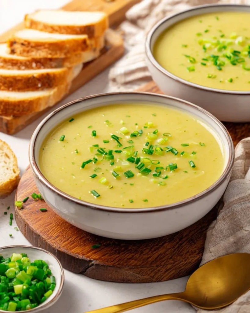 A bowl of chilled Vichyssoise soup garnished with chives and served with a spoon.
