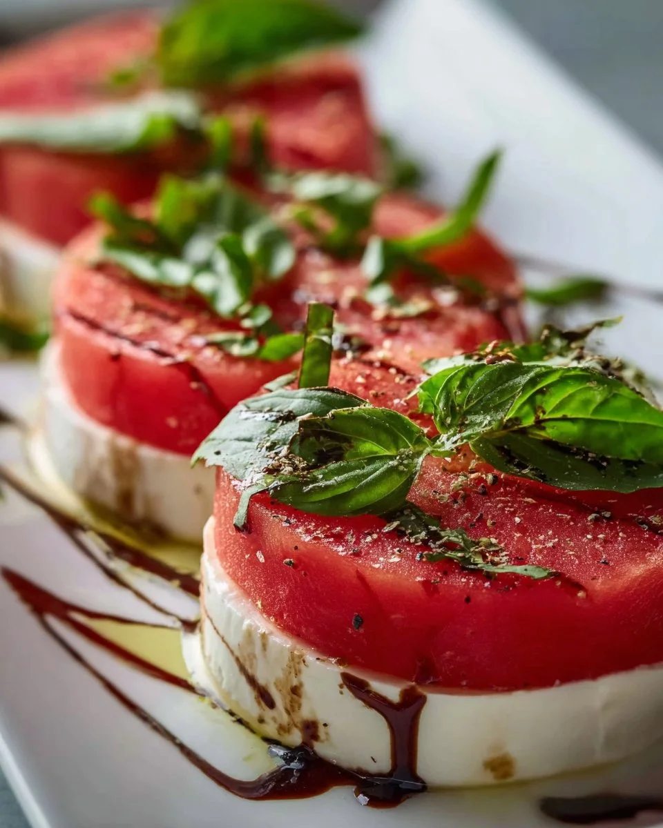 Fresh Watermelon Caprese salad with basil and mozzarella