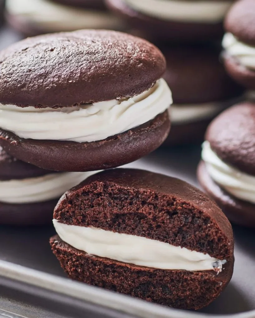 Delicious whoopie pies on a plate, showcasing chocolate and cream filling.