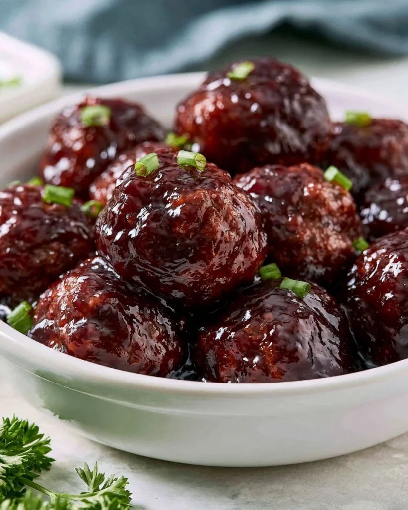 Delicious grape jelly meatballs served in a bowl for a quick appetizer.