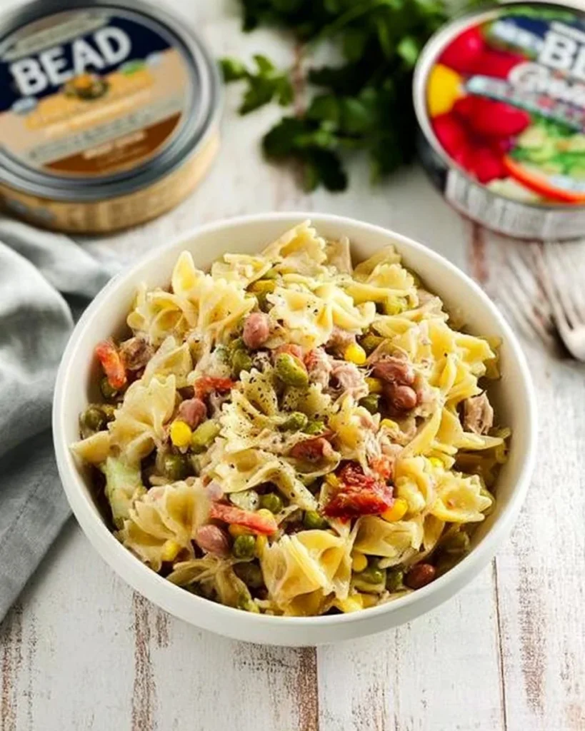 Delicious 4-Bean Tuna Pasta Salad served in a bowl