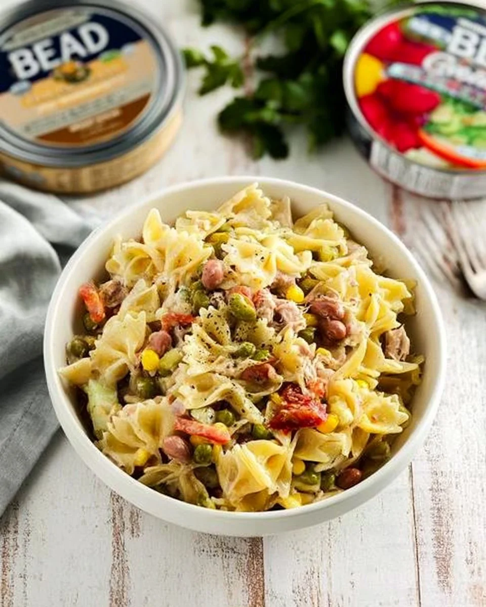 Delicious 4-Bean Tuna Pasta Salad served in a bowl