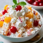 A colorful bowl of Ambrosia Salad with fruits, nuts, and whipped cream