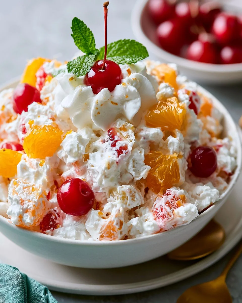 A colorful bowl of Ambrosia Salad with fruits, nuts, and whipped cream