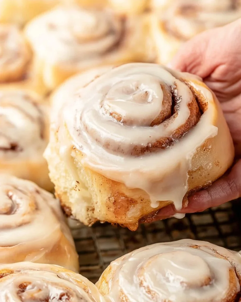Freshly baked Amish cinnamon rolls with frosting on a wooden table