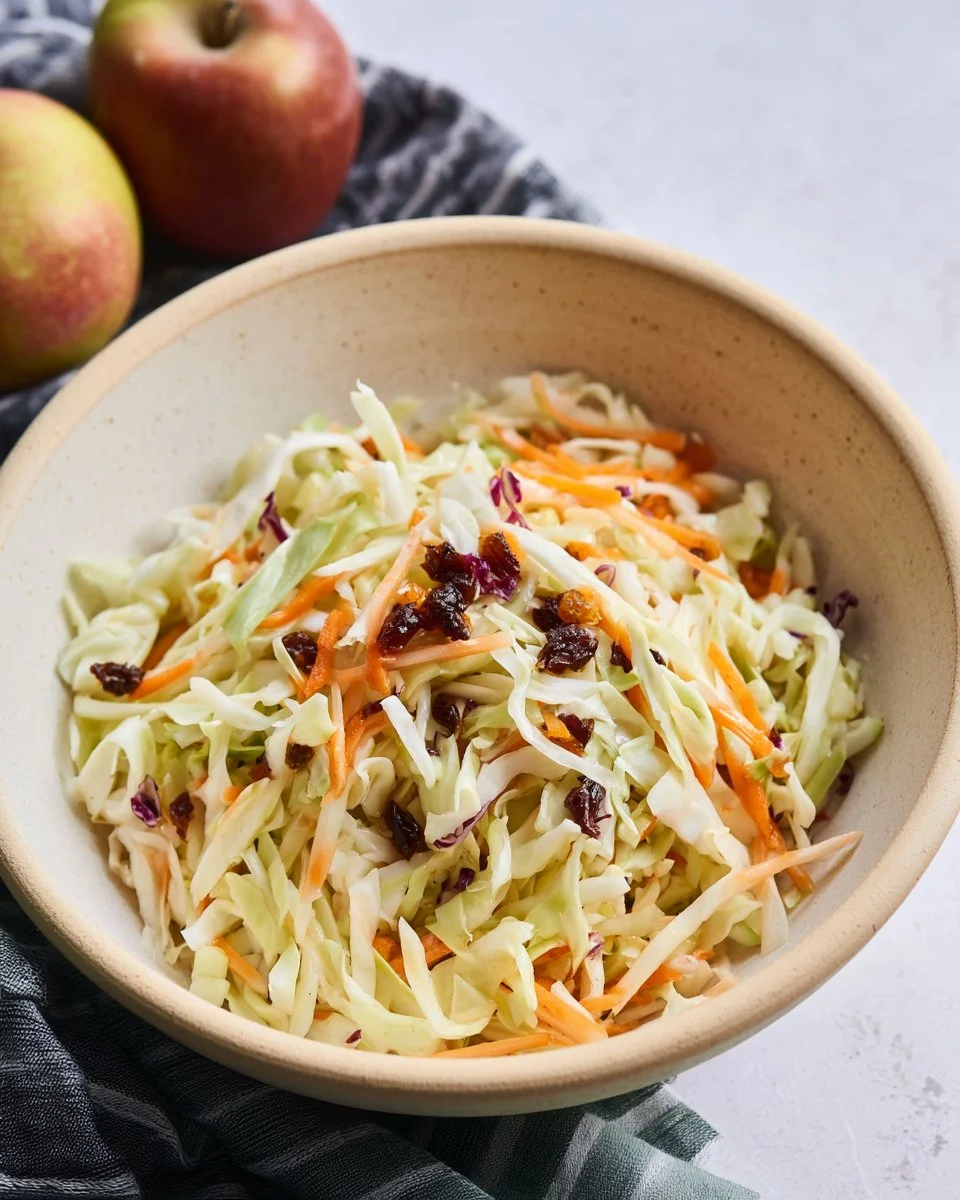 Bowl of fresh Apple Cabbage Slaw with vibrant colors and textures