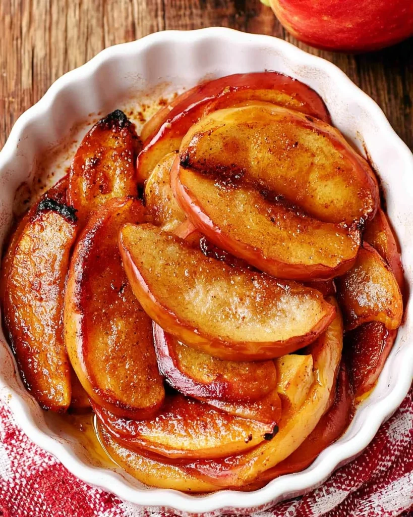 Healthy baked apple slices with no added sugar served on a plate.