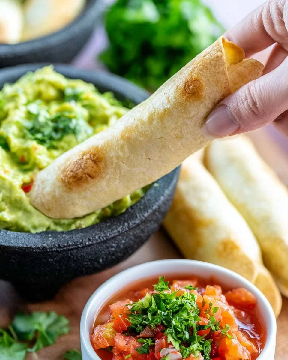 Plate of crispy Baked Chicken Flautas served with salsa and guacamole.