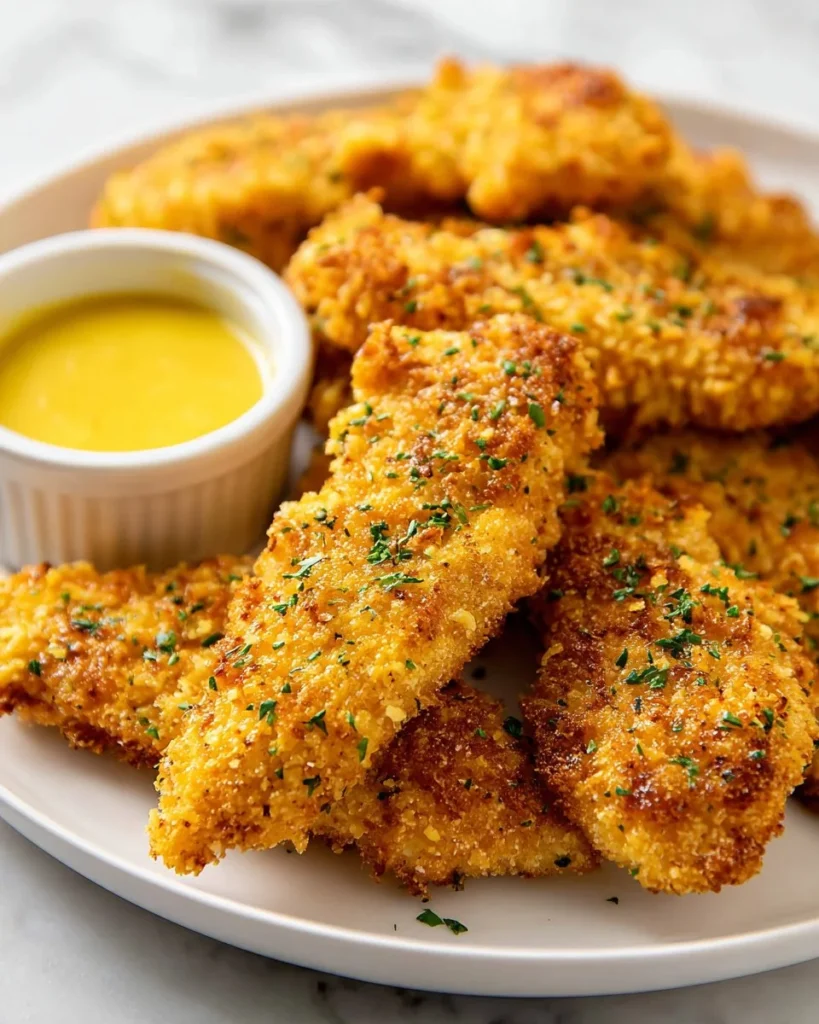Crispy baked chicken tenders on a plate with dipping sauce