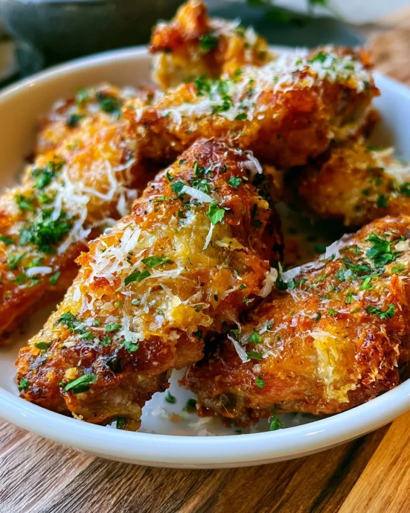 Baked garlic parmesan chicken wings on a plate garnished with herbs.