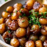 Balsamic glazed pearl onions in a skillet garnished with fresh herbs