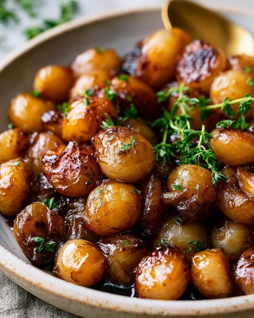 Balsamic glazed pearl onions in a skillet garnished with fresh herbs