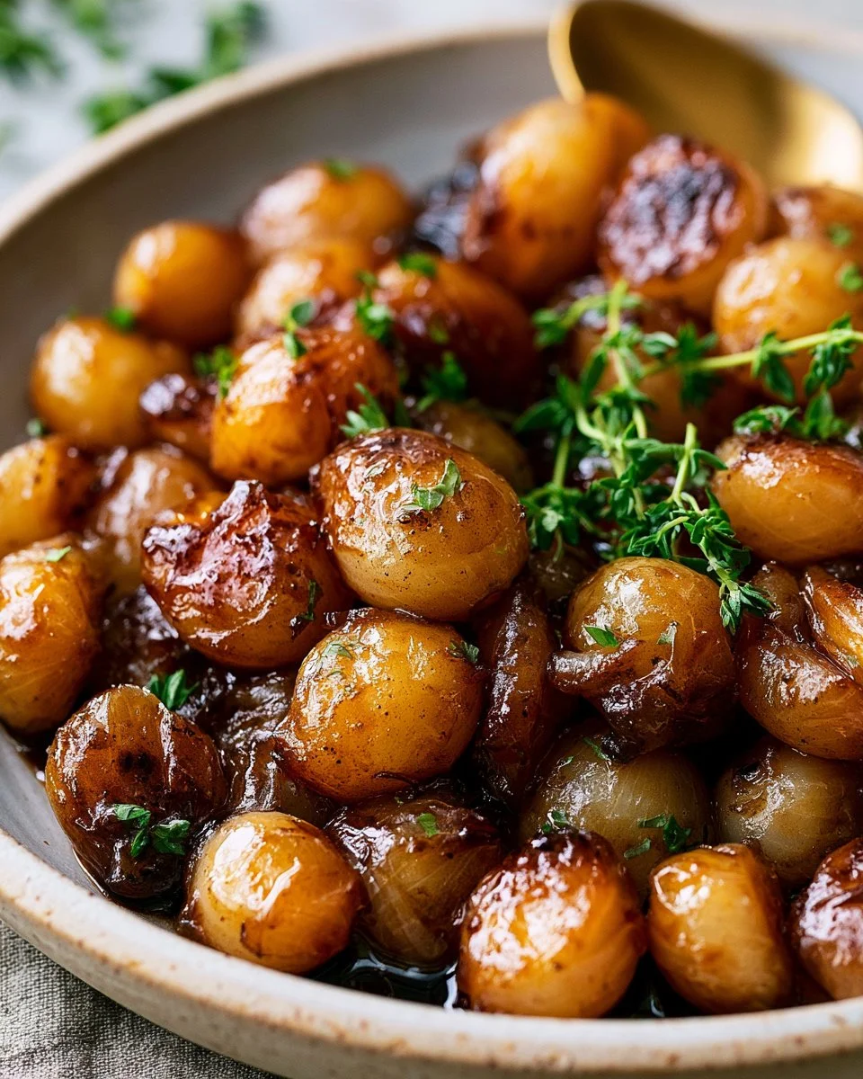 Balsamic glazed pearl onions in a skillet garnished with fresh herbs