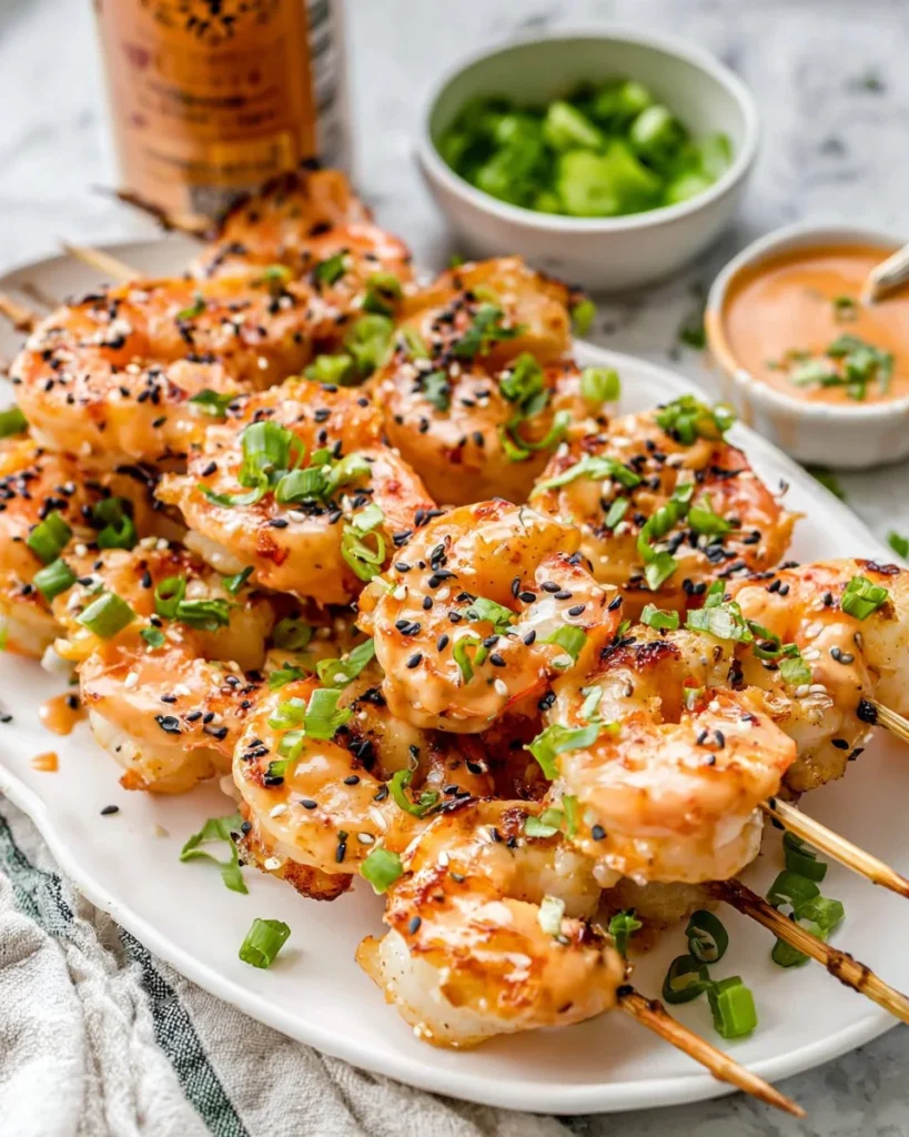 Bang Bang Shrimp Skewers served on a plate with a spicy dipping sauce