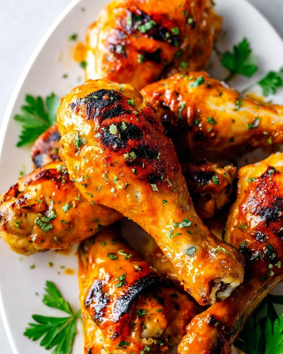 A plate of grilled BBQ chicken garnished with herbs and served with sides.