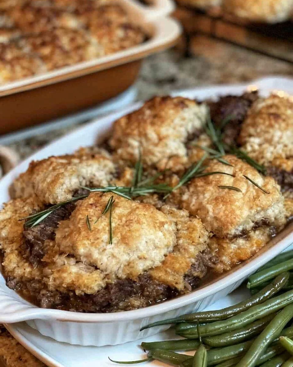 Delicious Beef Cobbler served in a rustic dish