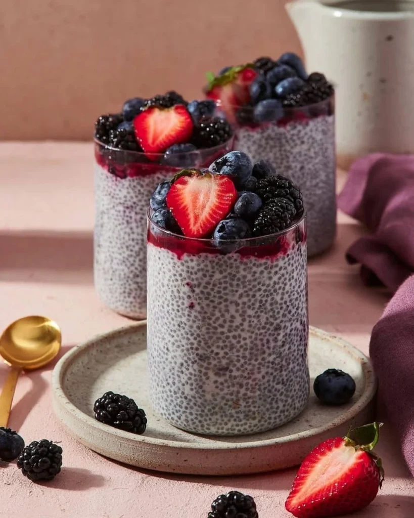 Berry vanilla chia pudding topped with fresh berries in a glass bowl