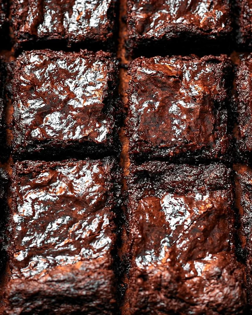 Delicious homemade brownies with a fudgy texture and shiny top, perfect for dessert.