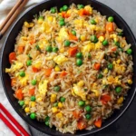Delicious plate of best fried rice garnished with vegetables and herbs