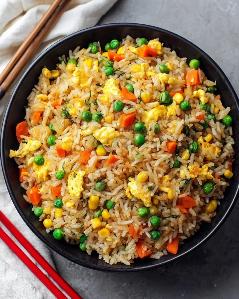 Delicious plate of best fried rice garnished with vegetables and herbs