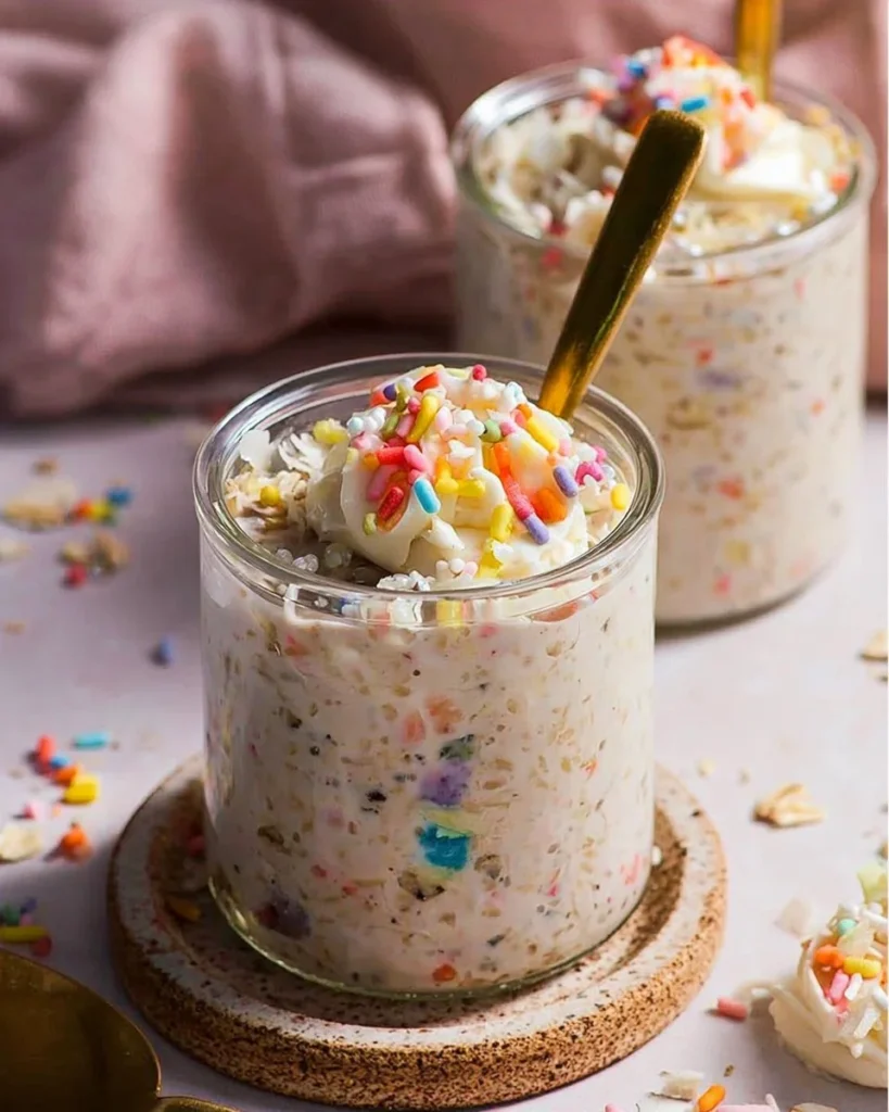 Delicious Birthday Cake Overnight Oats served in a mason jar