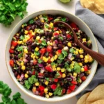 Delicious black bean and corn salad topped with fresh herbs and lime