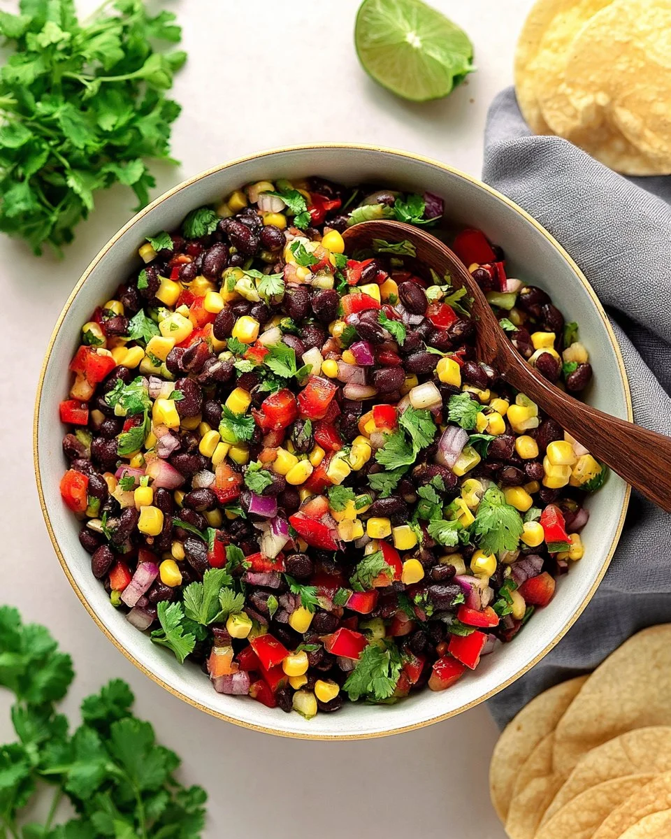Delicious black bean and corn salad topped with fresh herbs and lime